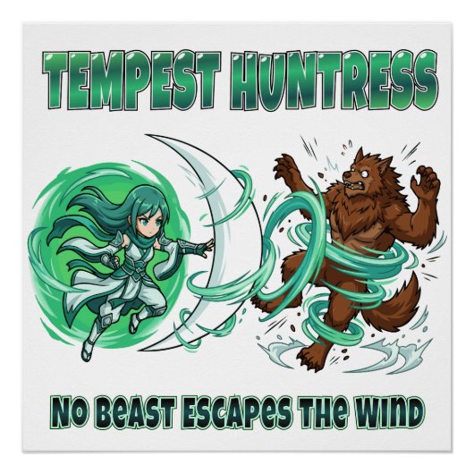 Anime Stijl Tempest Jagerin vs Weerwolf Wind Gevec Perfect Poster (Voorkant)
