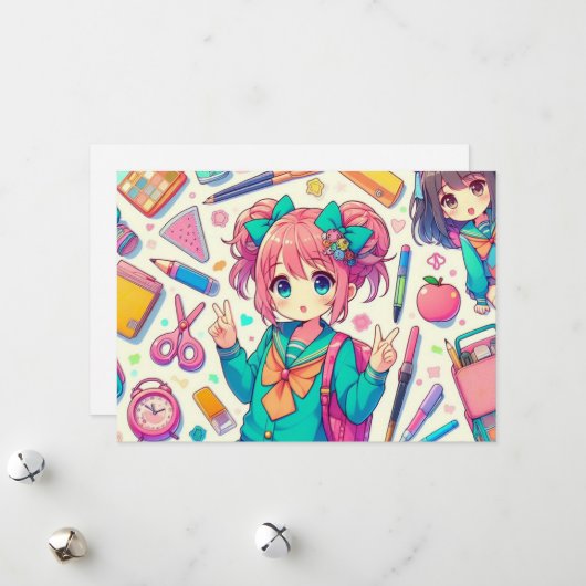anime-student feestdagenkaart (Voorkant / Achterkant in situ)