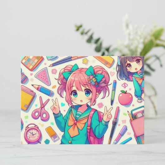 anime-student feestdagenkaart (Staand voorkant)