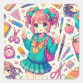 anime-student vierkante sticker (Voorkant)