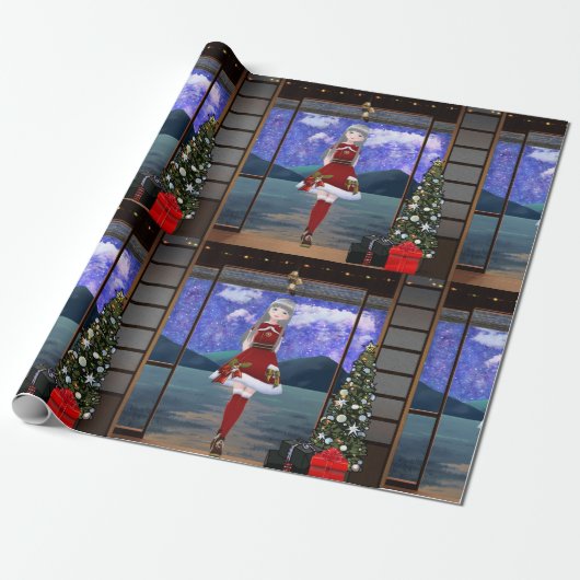 Anime Style Girl Christmas Wrapping Paper Cadeaupapier (Uitgerold)