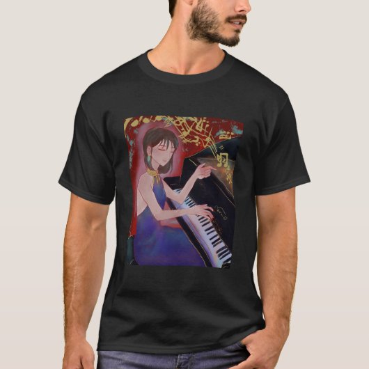 Anime Style Girl Playing Piano Elegant Music  T-shirt (Voorkant)