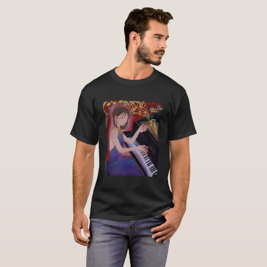 Anime Style Girl Playing Piano Elegant Music T-shirt (Voorkant volledig)
