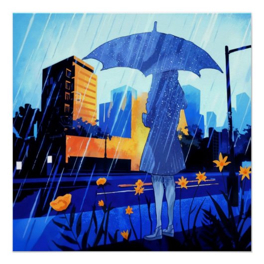 Anime Style Rainy Day Girl Poster Wall Art (Voorkant)
