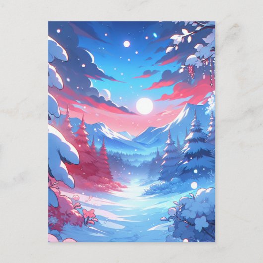 Anime Style Winter Mountain Art Snowy Night Scene Briefkaart (Voorkant)