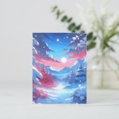 Anime Style Winter Mountain Art Snowy Night Scene Briefkaart (Staand voorkant)