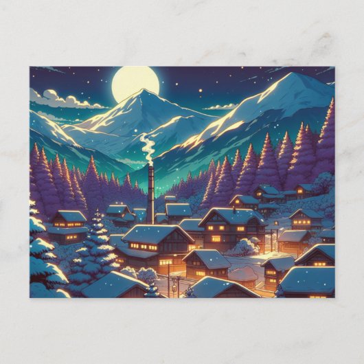 Anime Style Winter Village Snowy Night Scene Briefkaart (Voorkant)
