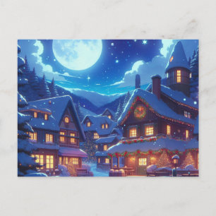 Anime Style Winter Village Snowy Night Scene Briefkaart