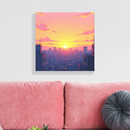 Anime Sunset CityScape Uitgerekt Canvas Print (Insitu (Woonkamer))