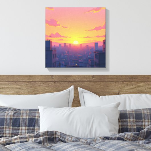 Anime Sunset CityScape Uitgerekt Canvas Print (Insitu (Slaapkamer))