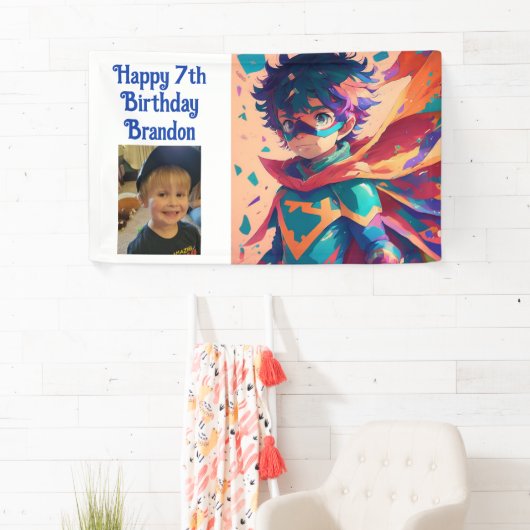 Anime superheld jongen gepersonaliseerde verjaarda spandoek (Insitu)
