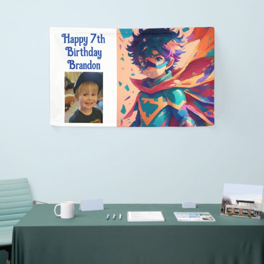Anime superheld jongen gepersonaliseerde verjaarda spandoek (Beurs)