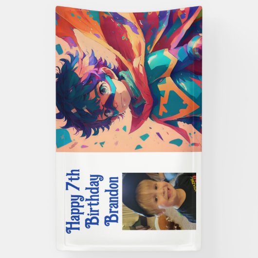 Anime superheld jongen gepersonaliseerde verjaarda spandoek (Verticaal)
