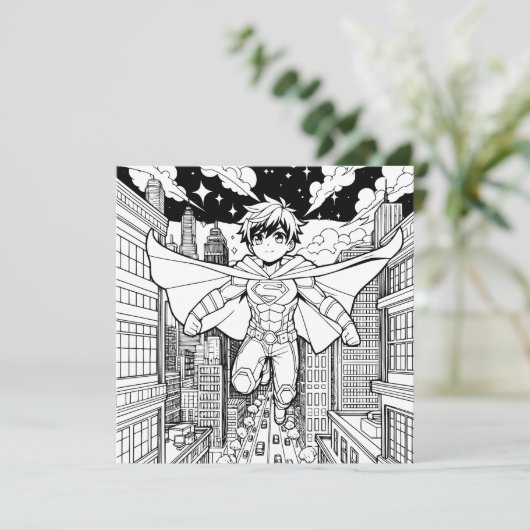 Anime Superhero Boy | Kleurplaat verjaardag Kaart (Staand voorkant)