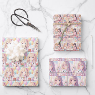 Anime thema meisjes verjaardag inpakpapier vel