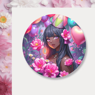 Anime Thema Verjaardag Meisje van Kleur Ronde Sticker