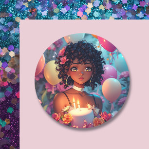 Anime Thema Verjaardag Meisje van Kleur Ronde Sticker