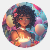 Anime Thema Verjaardag Meisje van Kleur Ronde Sticker (Voorkant)