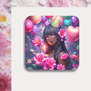 Anime Thema Verjaardag Meisje van Kleur Vierkante Sticker