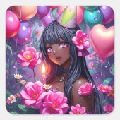 Anime Thema Verjaardag Meisje van Kleur Vierkante Sticker (Voorkant)