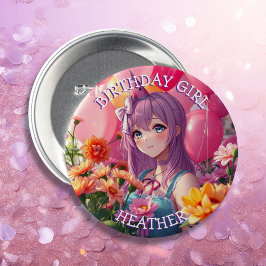 Anime thema Verjaardagsmeisje gepersonaliseerd Ronde Button 7,6 Cm
