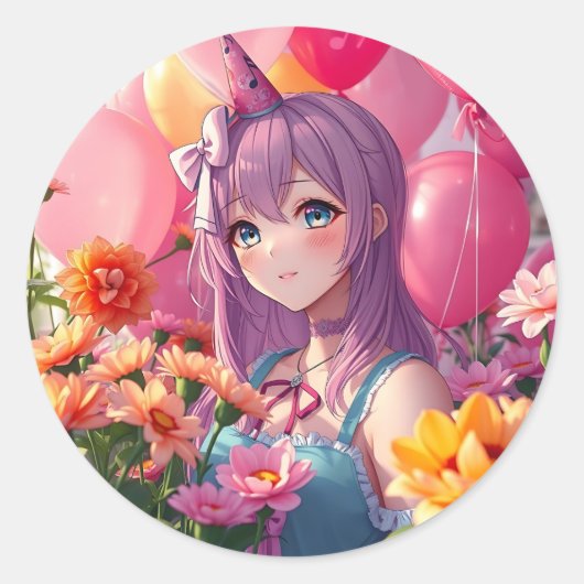 Anime Thema Verjaardagsmeisje Ronde Sticker (Voorkant)