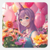 Anime Thema Verjaardagsmeisje Vierkante Sticker (Voorkant)