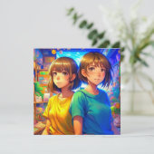 Anime Theme Twin Girl's Verjaardagsfeest Kaart (Staand voorkant)