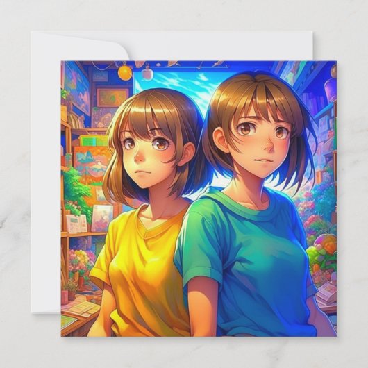 Anime Theme Twin Girl's Verjaardagsfeest Kaart (Voorkant)