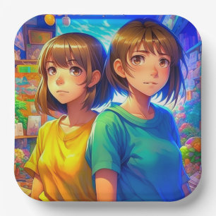 Anime Theme Twin Girl's Verjaardagsfeest Papieren Bordje