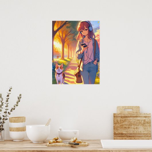 Anime tiener luisteren muziek lopen haar hond poster (Keuken)