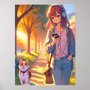 Anime tiener luisteren muziek lopen haar hond poster