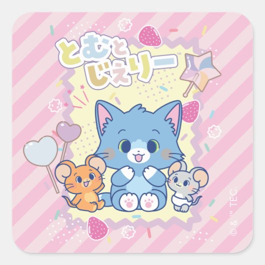 Anime Tom en Jerry Strawberry Fun Vierkante Sticker (Voorkant)