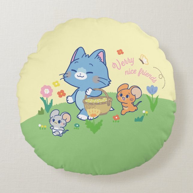Anime Tom, Jerry en Tuffy Picnic Rond Kussen (Voorkant)