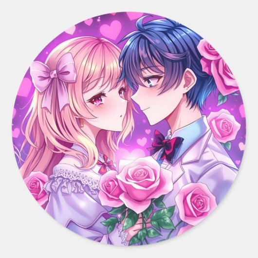 Anime Valentijnsdag Boy en Girl Romantisch Ronde Sticker (Voorkant)