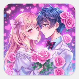 Anime Valentijnsdag Jongen en Meisje Romantisch Gr Vierkante Sticker