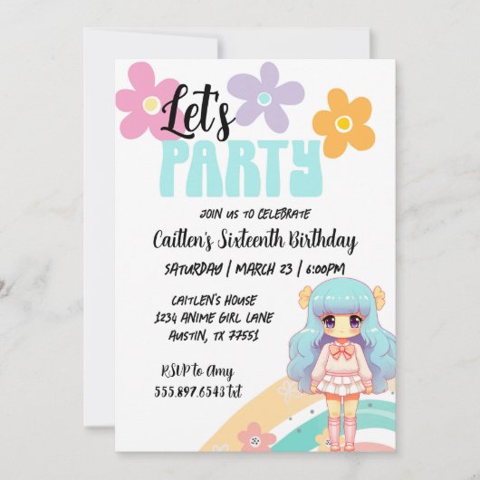 Anime Verjaardag Meisje Blauw Roze Schattigee Retr Kaart (Voorkant)