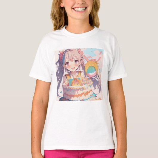 Anime verjaardag meisje pastel kleuren t-shirt (Voorkant)