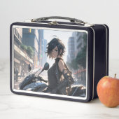 Anime vrouw fietsen in de binnenstad (In situ)