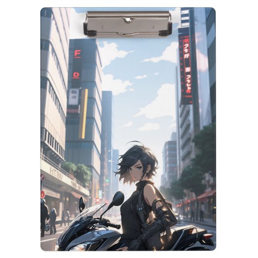 Anime vrouw fietsen in de binnenstad klembord (Voorkant)