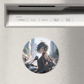 Anime vrouw fietsen in de binnenstad magneet (Insitu (Vaatwasser))