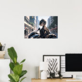 Anime vrouw fietsen in de binnenstad poster (Thuiskantoor)