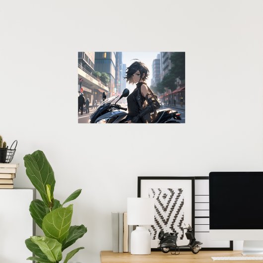 Anime vrouw fietsen in de binnenstad poster (Thuiskantoor)