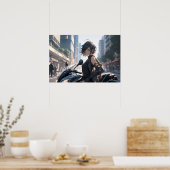 Anime vrouw fietsen in de binnenstad poster (Keuken)
