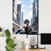 Anime vrouw fietsen in de binnenstad - Ultra hoog Poster (Thuiskantoor)