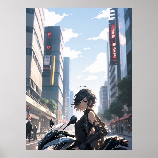 Anime vrouw fietsen in de binnenstad - Ultra hoog Poster (Voorkant)