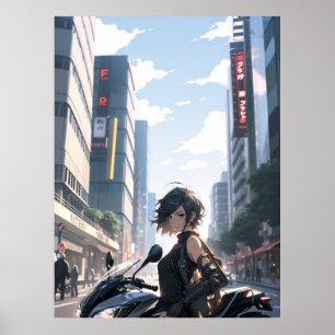 Anime vrouw fietsen in de binnenstad - Ultra hoog Poster
