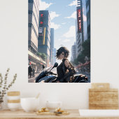 Anime vrouw fietsen in de binnenstad - Ultra hoog Poster (Keuken)