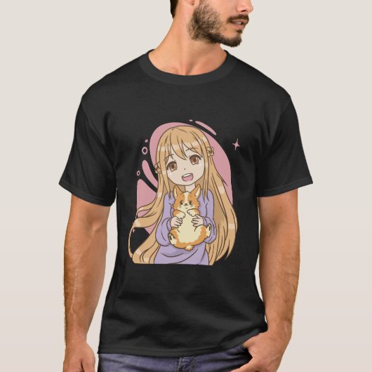 Anime Vrouw met een Corgi T-shirt (Voorkant)
