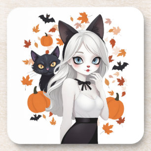 Anime vrouw met zwarte kat. bier onderzetter